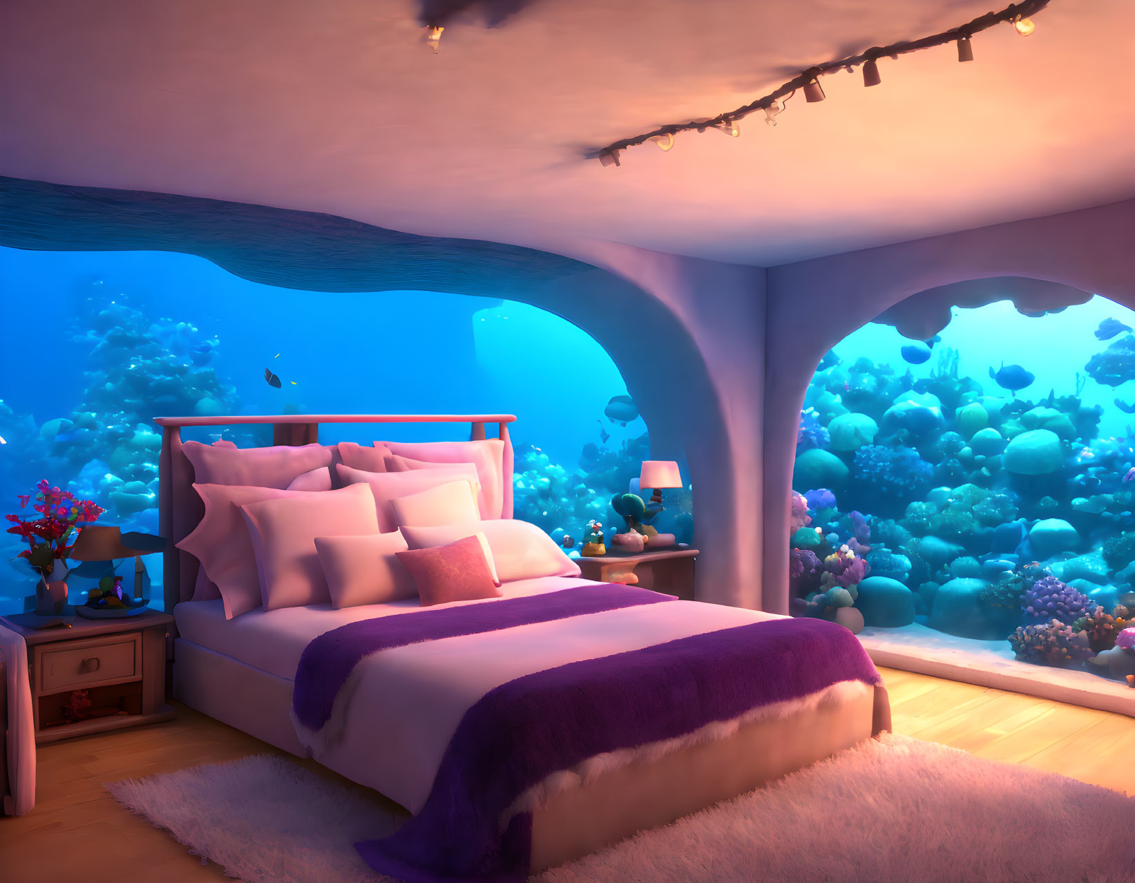 Cozy Underwater-Themed Bedroom with Large Bed and Colorful Fish