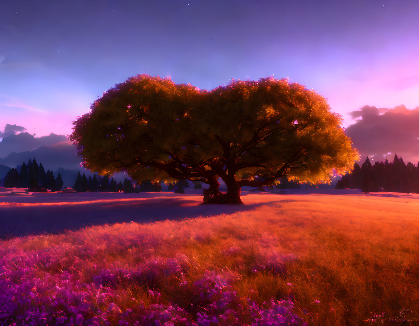 Majestic tree in serene field with purple flowers at dusk