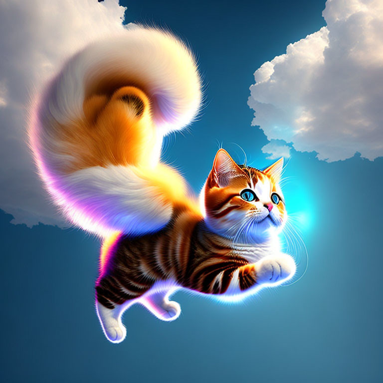 Vibrant digital artwork of an orange tabby cat with fluffy tail leaping against blue sky