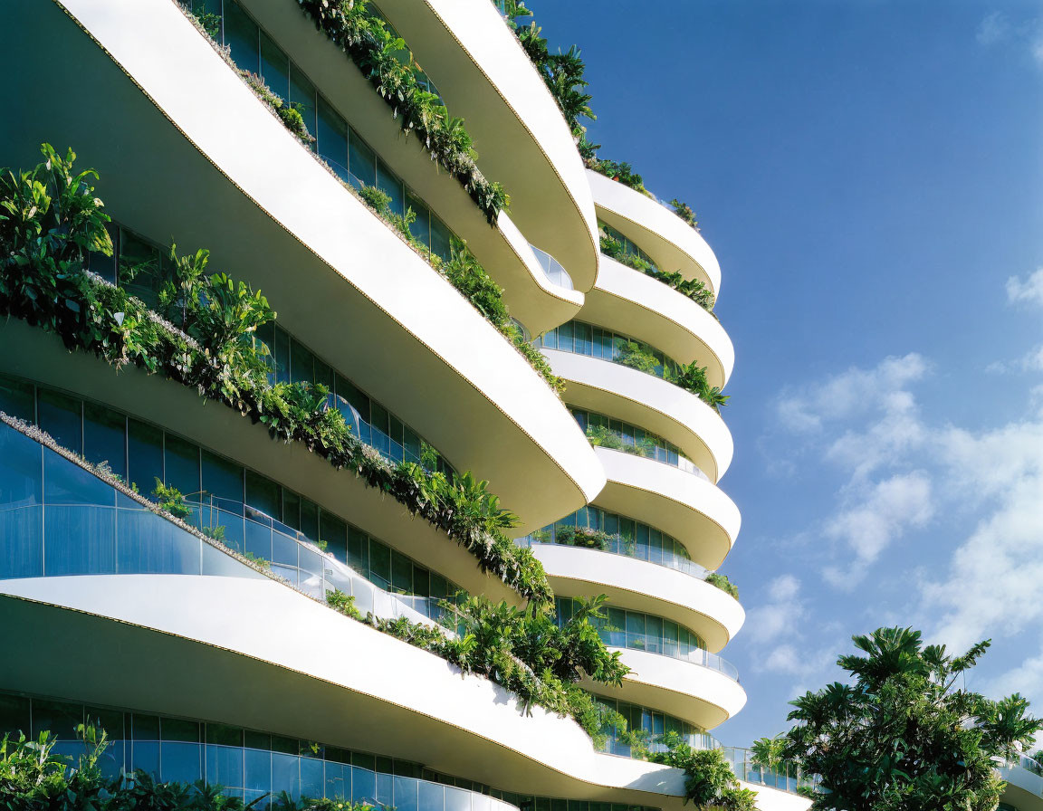 Curved balconies and green plants against blue sky