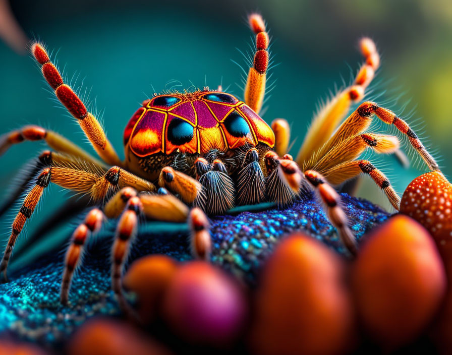 Colorful spider on multicolored surface with intricate patterns and fine hairs