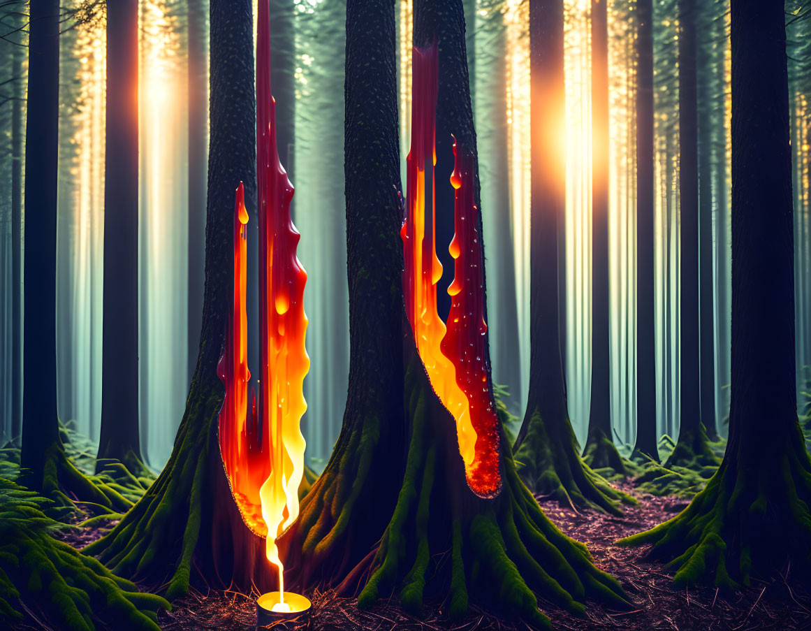 Forest trees with lit wicks like candles in surreal scene