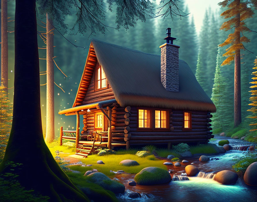 Tranquil forest log cabin with lit chimney at dusk