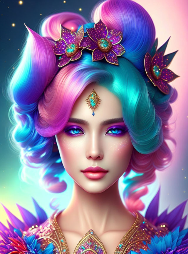 Illustrated woman with vibrant blue and pink hair and detailed ethnic attire.
