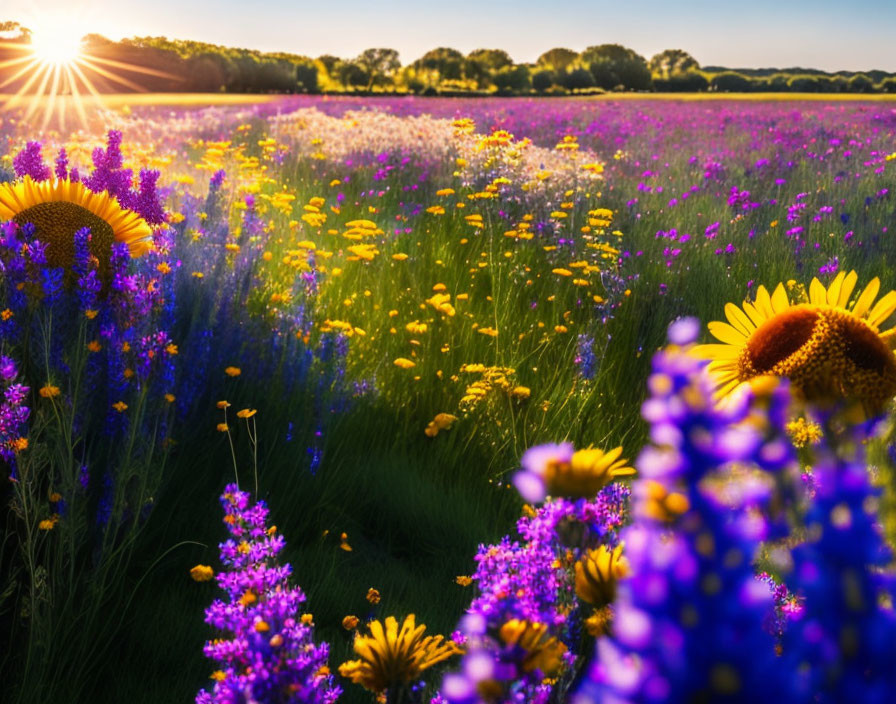 Colorful wildflower field at sunset with purple, blue, and yellow blooms