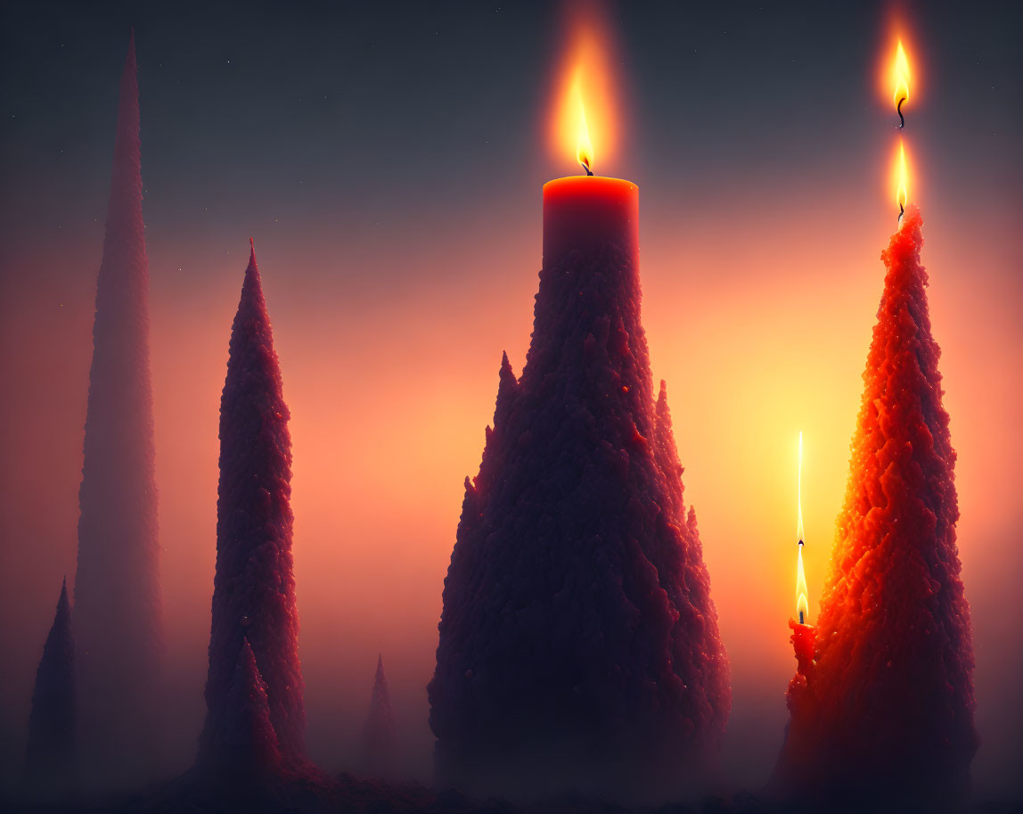 Four large candle-like structures with lit flames in red-orange haze