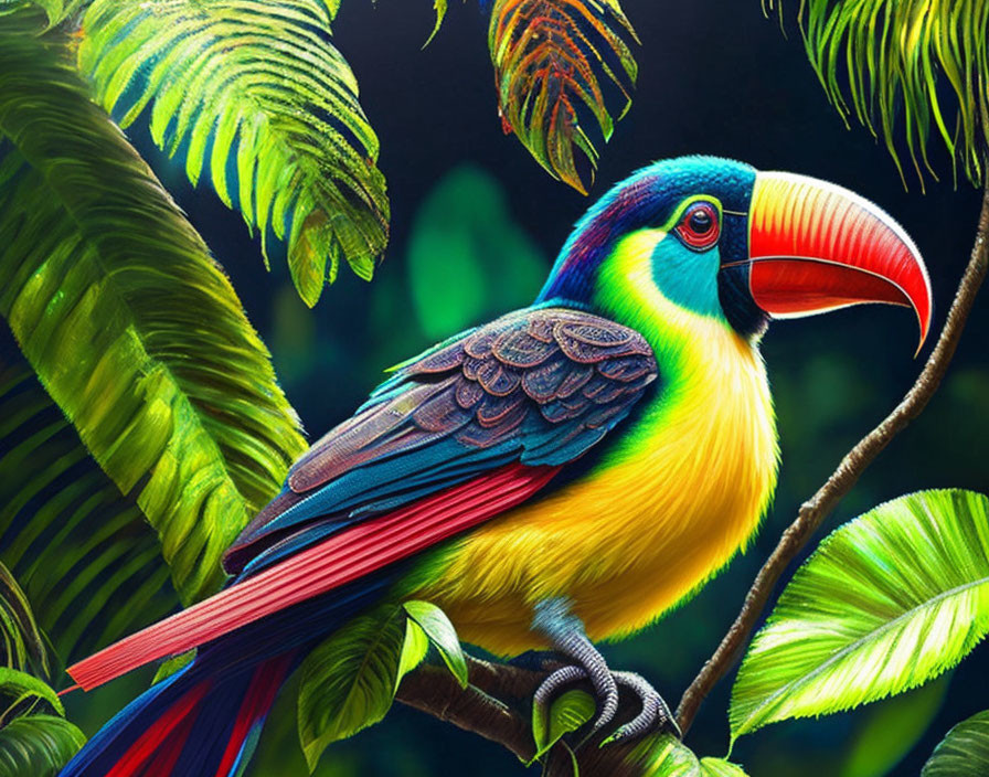 Colorful toucan on branch in lush green foliage