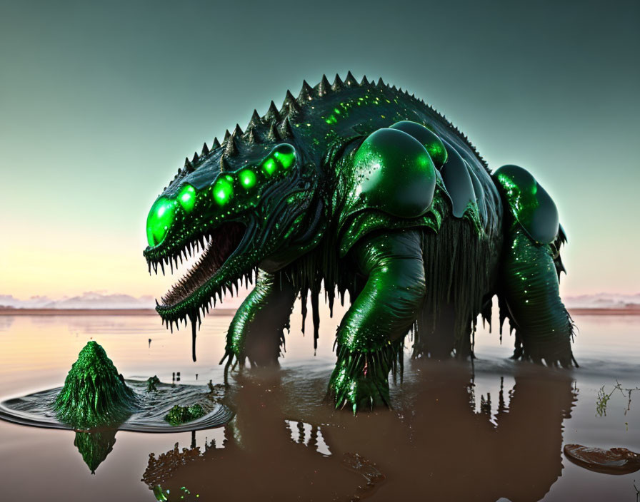 Green reptilian monster with glowing eyes in shallow water at sunset.