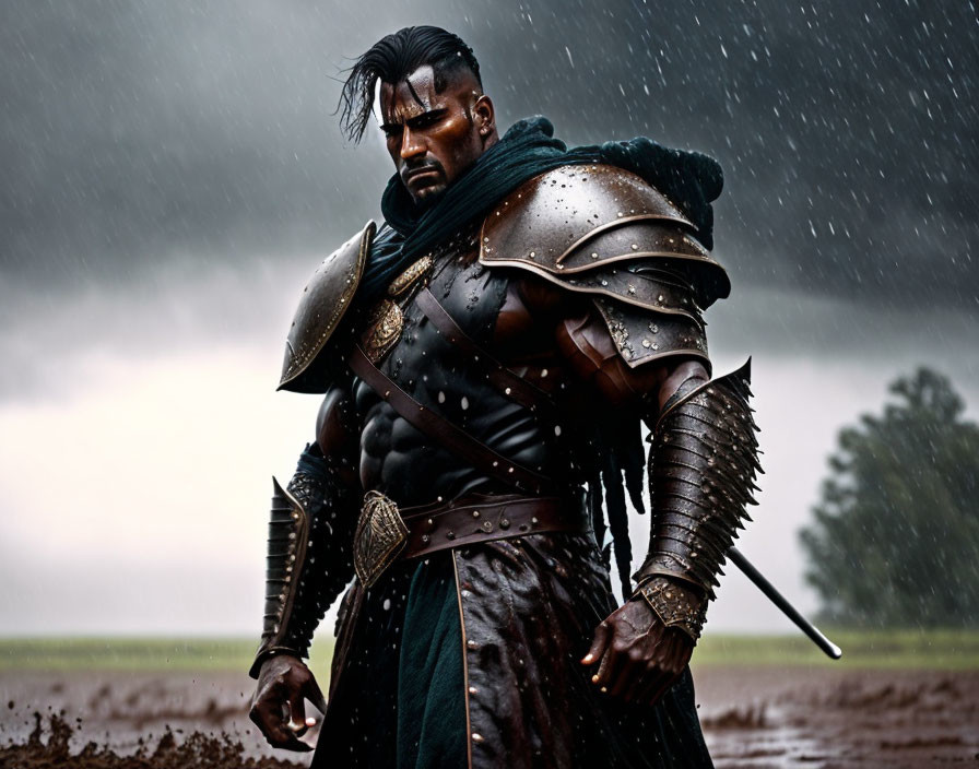 Dark-armored warrior in muddy field under stormy sky with rain.