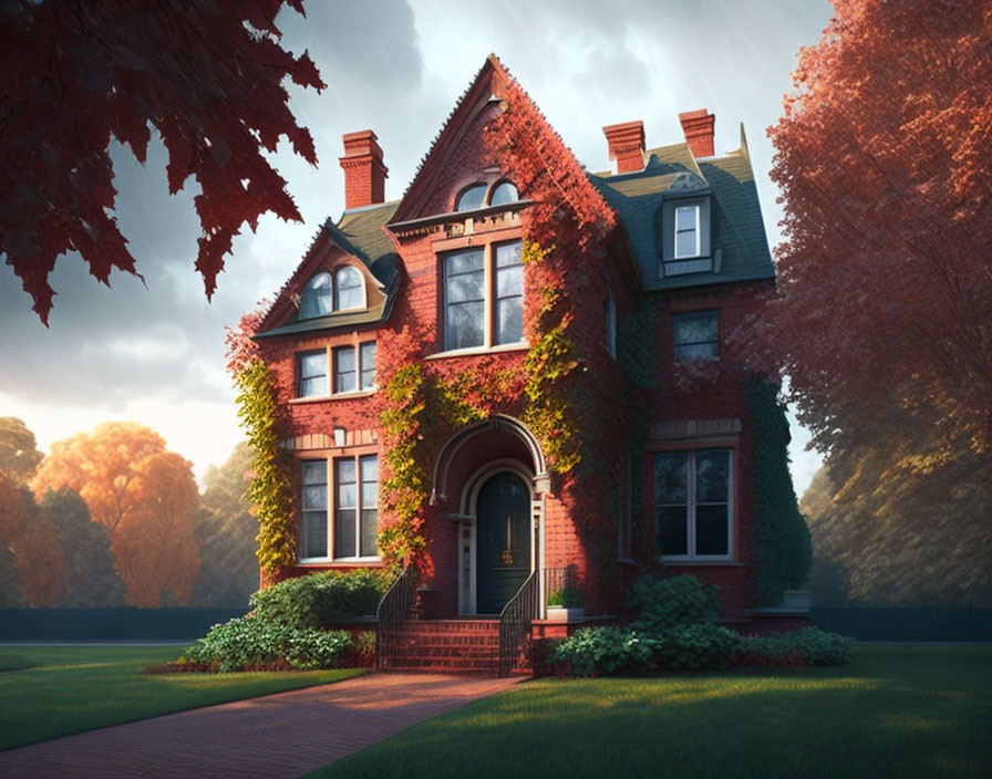 Victorian Brick House with Arched Windows in Autumn Setting