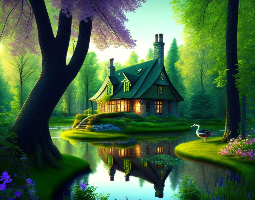 Charming Cottage in Colorful Forest with Pond Reflection