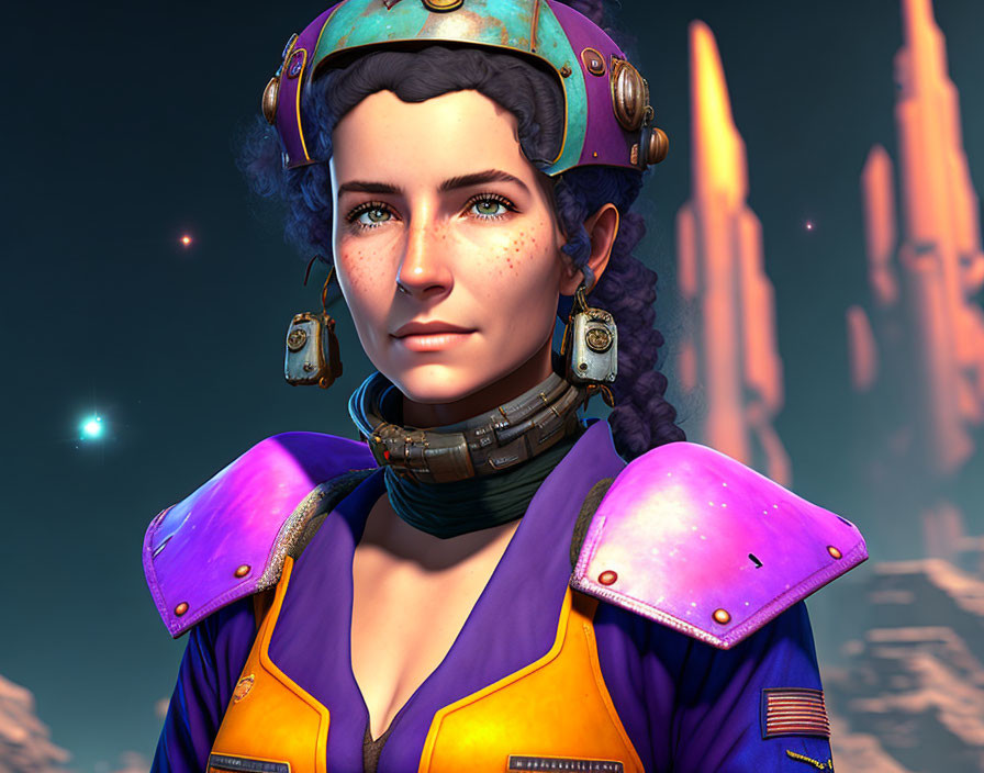 Futuristic 3D-rendered female character in blue and purple suit with freckles and