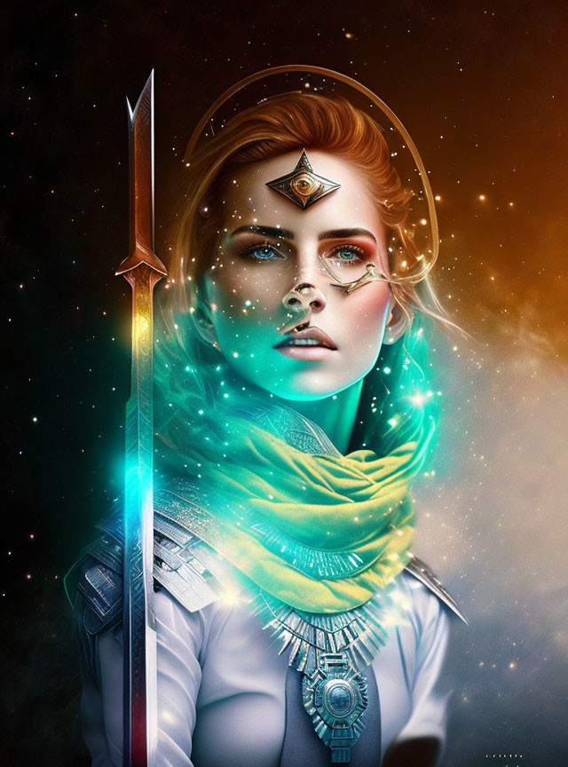 Futuristic warrior digital artwork with cosmic elements