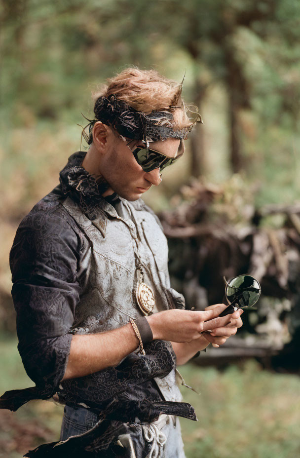 Man in patterned shirt and gloves with medallion, wearing sunglasses and textured mask outdoors