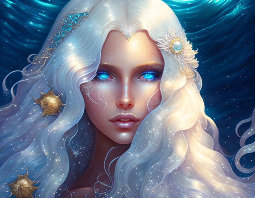 Ethereal woman with radiant blue eyes and white curls in celestial setting