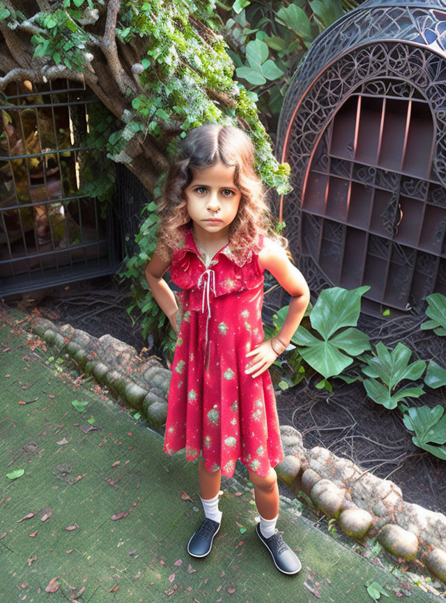 Young girl in red polka dot dress on green carpet with plants and ornate gate.