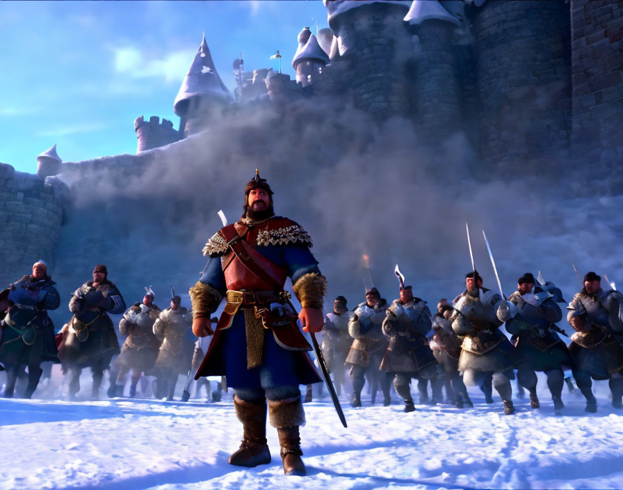 Medieval warrior in armor leads soldiers in snowy landscape