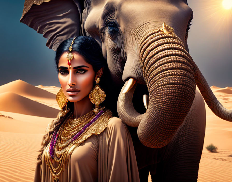 Traditional jewelry-clad woman with elephant in desert setting