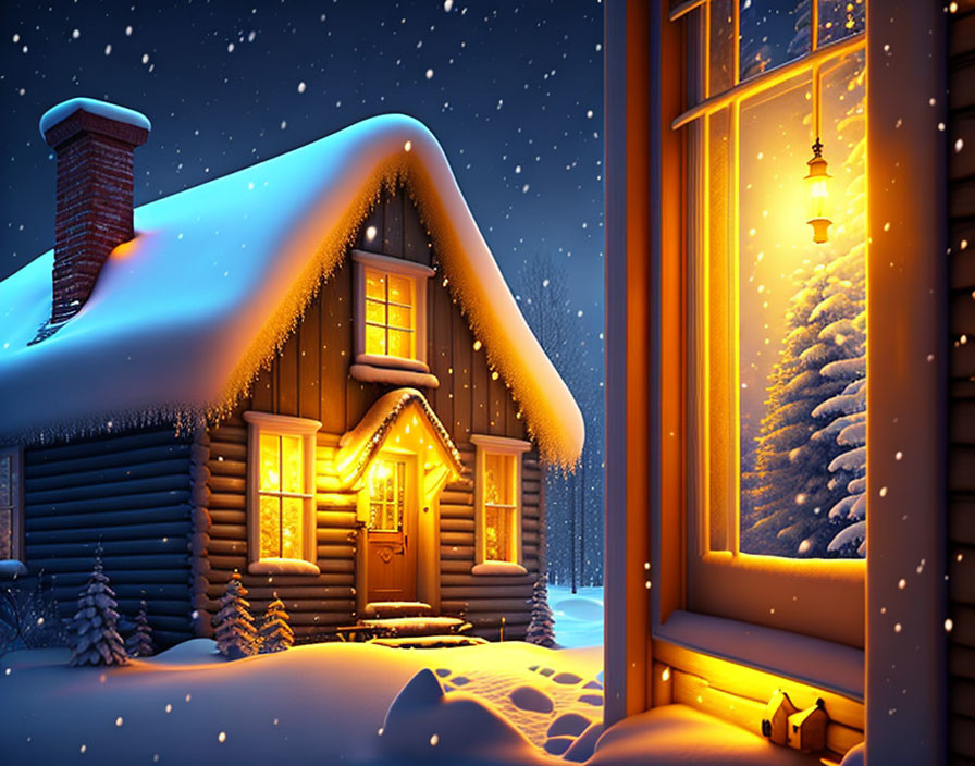 Snowy night log cabin with warm light and lantern glow