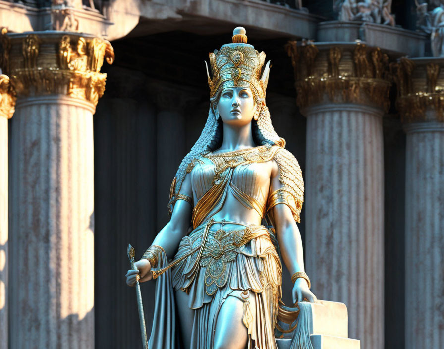 Detailed Statue of Robed Female Figure with Sword and Book in Front of Columns