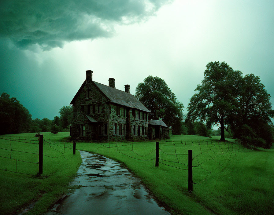 Stone house under stormy sky in lush green field with barbed wire fence