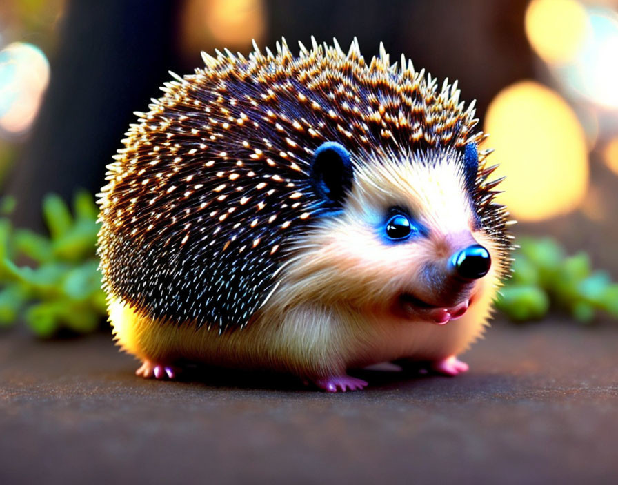 Shiny-eyed hedgehog in foliage with golden quills