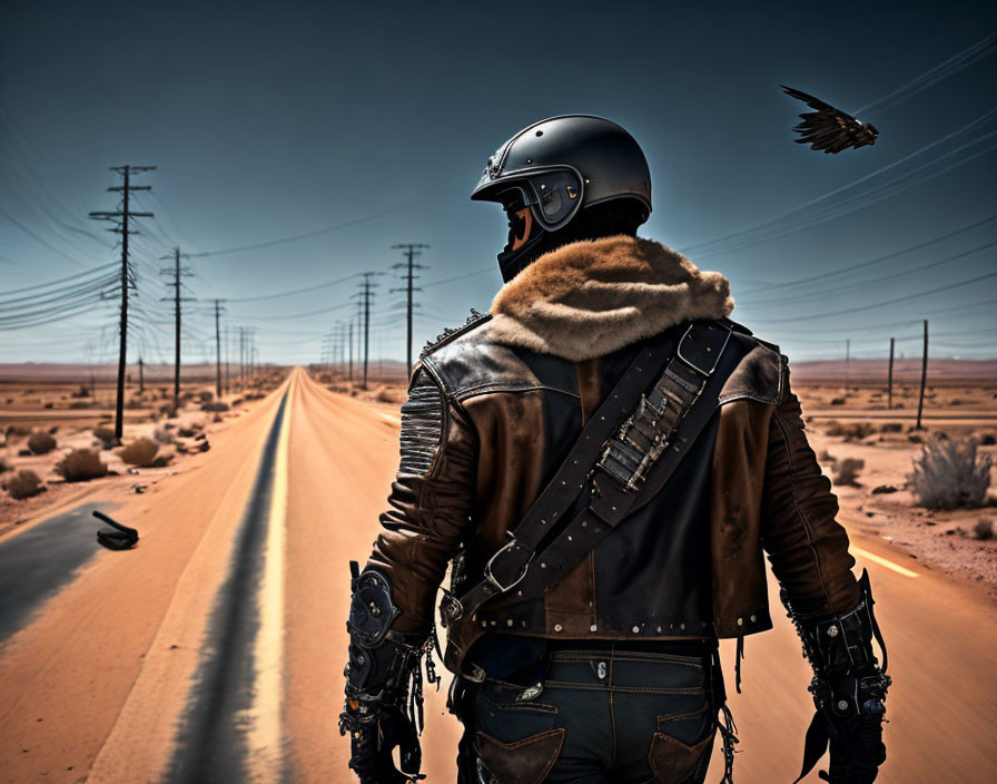 Person in leather jacket and helmet on desert road with bird and power lines