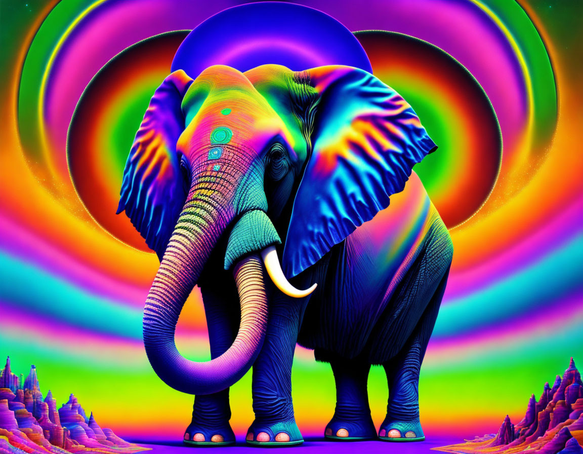 Colorful Psychedelic Elephant Art in Vibrant Landscape