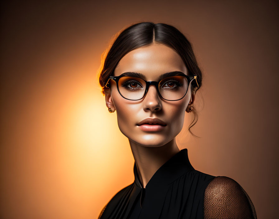 Portrait of woman with sleek hair and black glasses in golden light