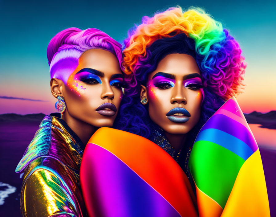 Two individuals with rainbow hair and makeup posing against a sunset sky.