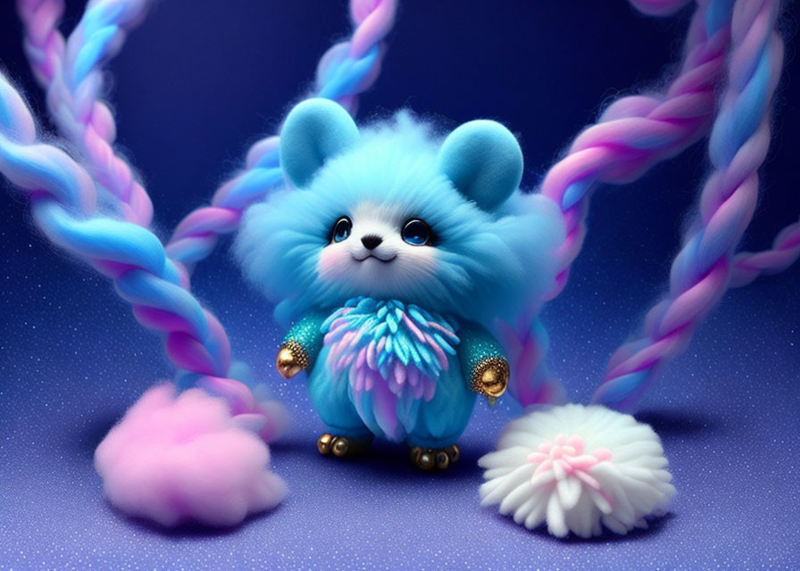 Blue Plush Creature with Sparkling Eyes and Fluffy Tail in Vibrant Pink and Blue Setting