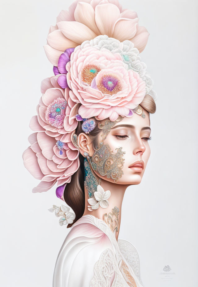 Detailed Illustration: Woman with Elaborate Floral Headdress