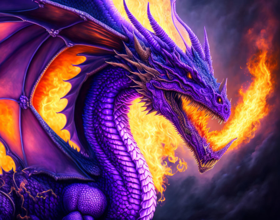 Purple dragon breathing fire in dramatic setting