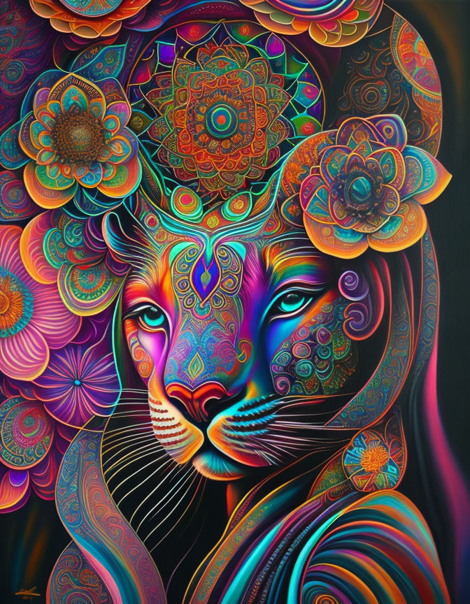 Colorful Psychedelic Lion Artwork with Mandala Patterns on Dark Background