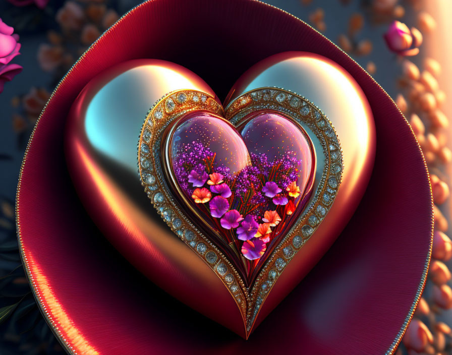 Metallic Heart-Shaped Object with Colorful Garden and Petals