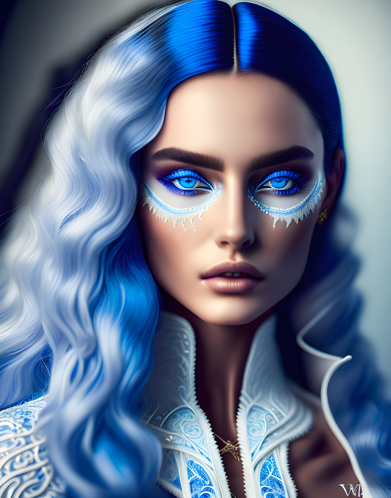 Digital portrait of woman with blue hair, eyes, and ornate makeup in intricate white clothing