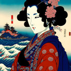 Detailed illustration of person with intricate hair decorations and traditional attire against mountain and pagoda backdrop.