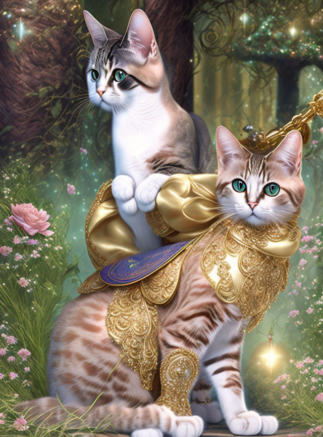 Fantasy forest scene with two cats in golden armor amid lush greenery