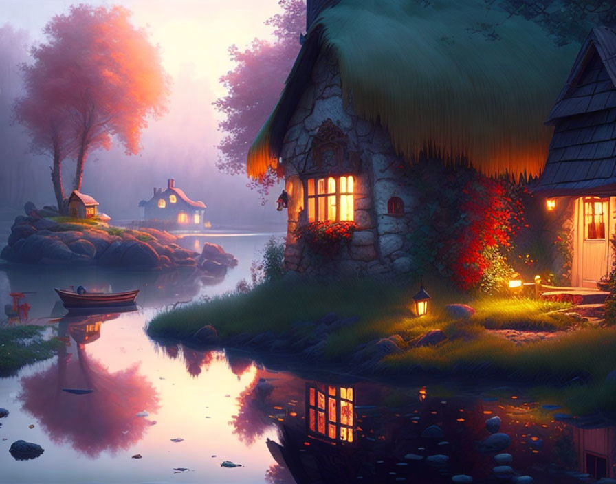 Thatched roof cottage by still river at dusk