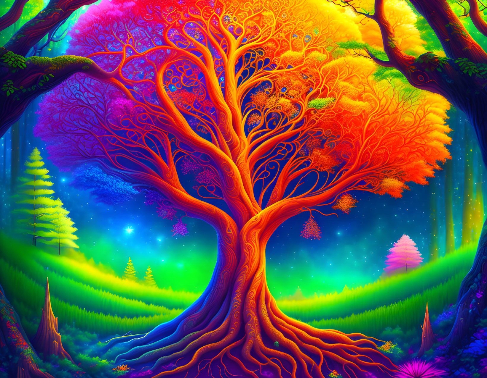 Colorful Tree Artwork with Spectrum of Hues in Fantasy Forest Setting