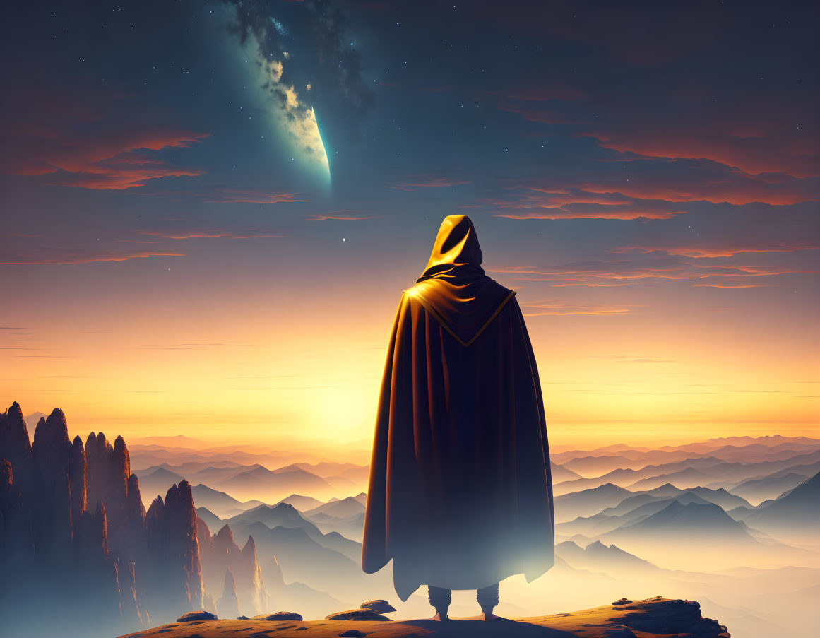 Cloaked figure on cliff gazes at mountain range under sunset with comet in sky