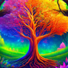 Colorful Tree Artwork with Spectrum of Hues in Fantasy Forest Setting