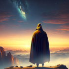 Cloaked figure on cliff gazes at mountain range under sunset with comet in sky