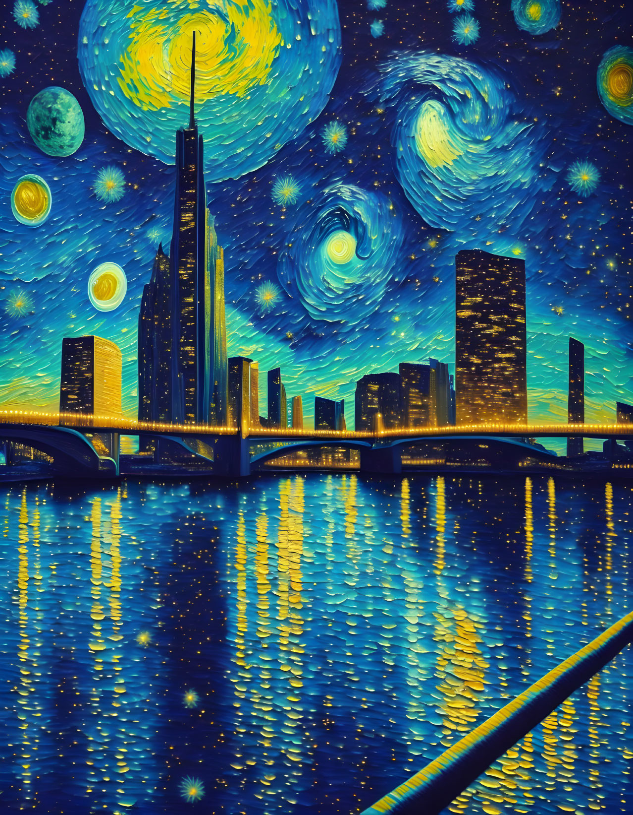 Cityscape blending with Starry Night style: swirling skies, luminous moon, sparkling stars, reflective