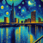 Cityscape blending with Starry Night style: swirling skies, luminous moon, sparkling stars, reflective