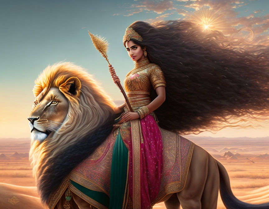 Traditional Indian attire woman riding lion in desert with spear and flowing hair