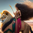 Traditional Indian attire woman riding lion in desert with spear and flowing hair