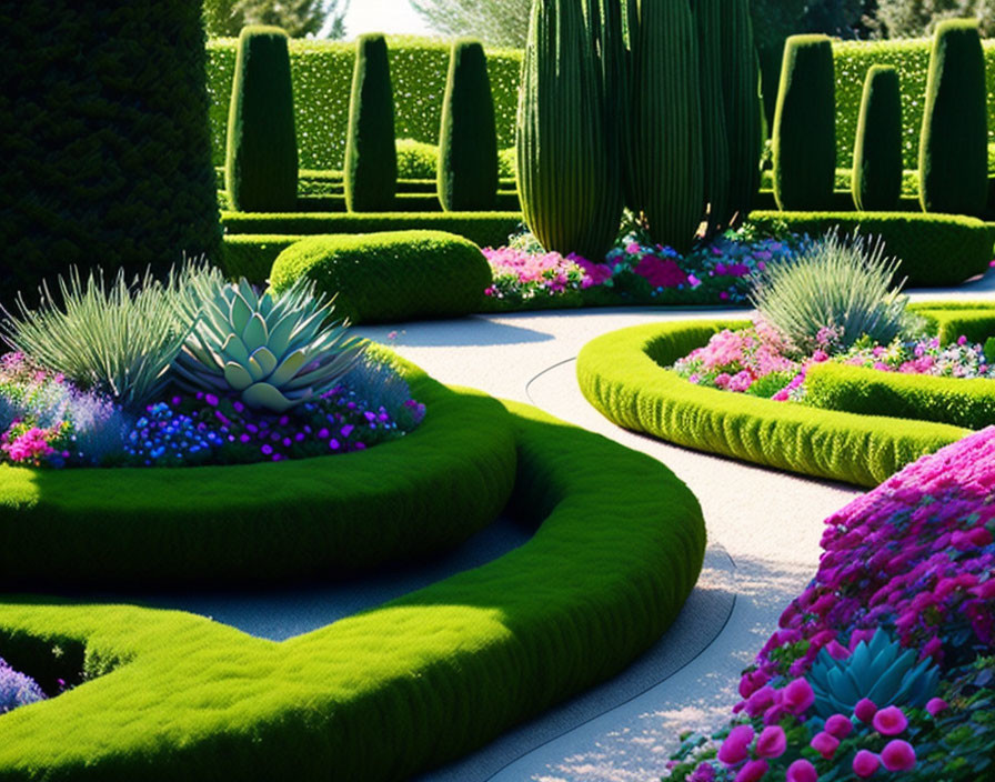 Manicured garden with vibrant flowers, trimmed hedges, topiary, and gravel pathway