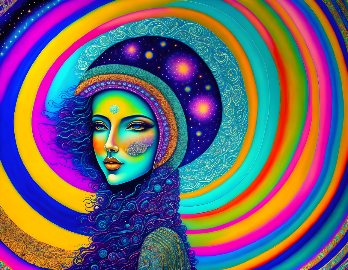 Colorful digital artwork: Stylized woman's face with cosmic elements