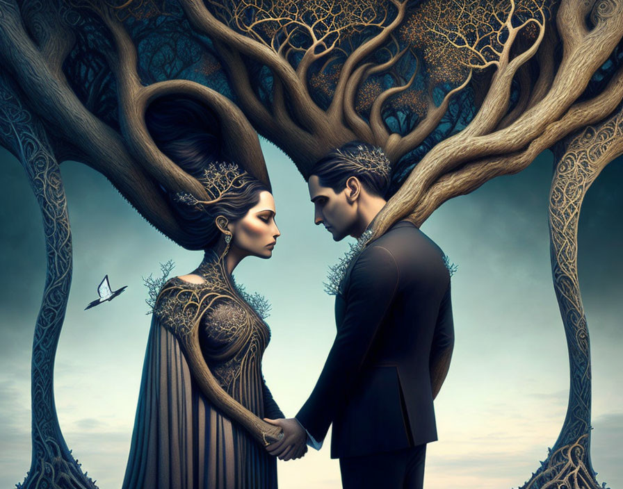 Man and woman in elegant attire with ornate hairstyles in surreal tree background symbolizing unity.